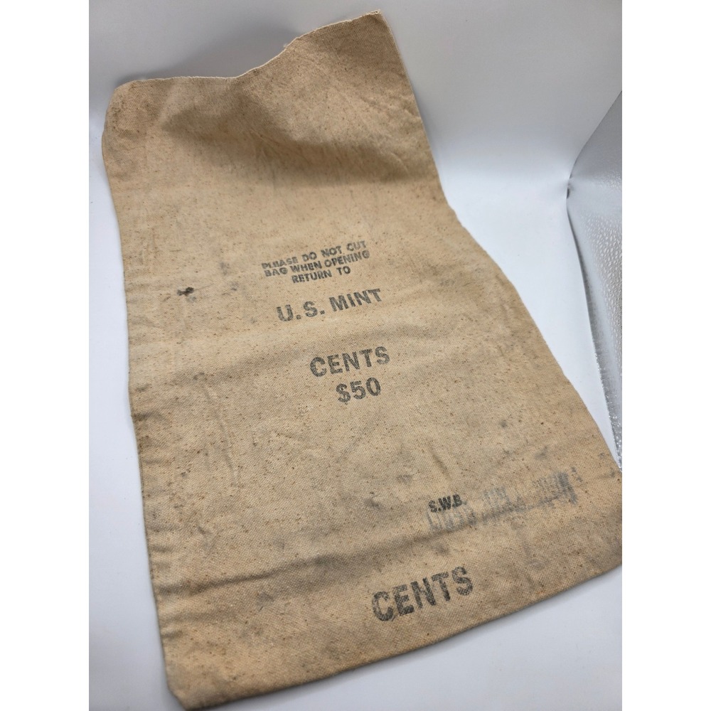Vintage US Mint Canvas Money Bag $50 Cents Stenciled Canvas Coin Sack Beige